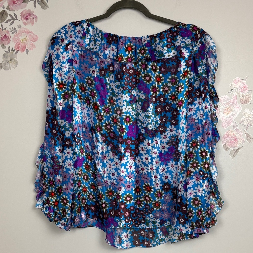 Kate Spade NY Floral Ruffle Blue and Purple 100% Silk Women's Top - M